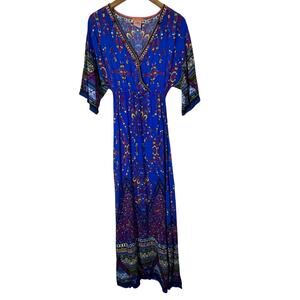 Flying Tomato Maxi Dress XS Blue Geometric Print Cross Front Boho